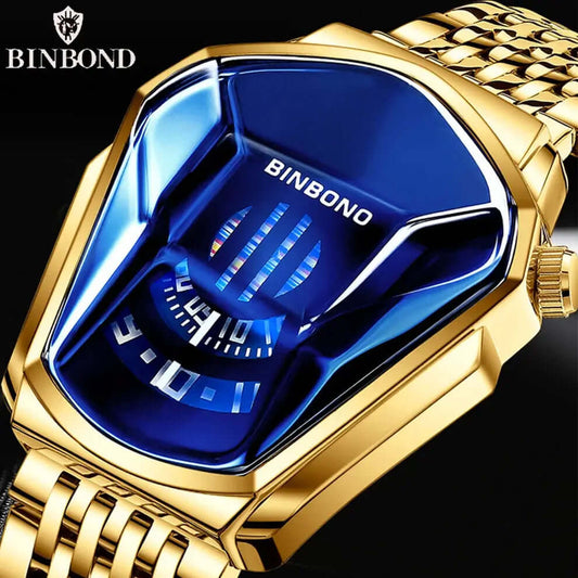 Binbond luxury men's wrist watch featuring a bold blue dial and gold stainless steel band.