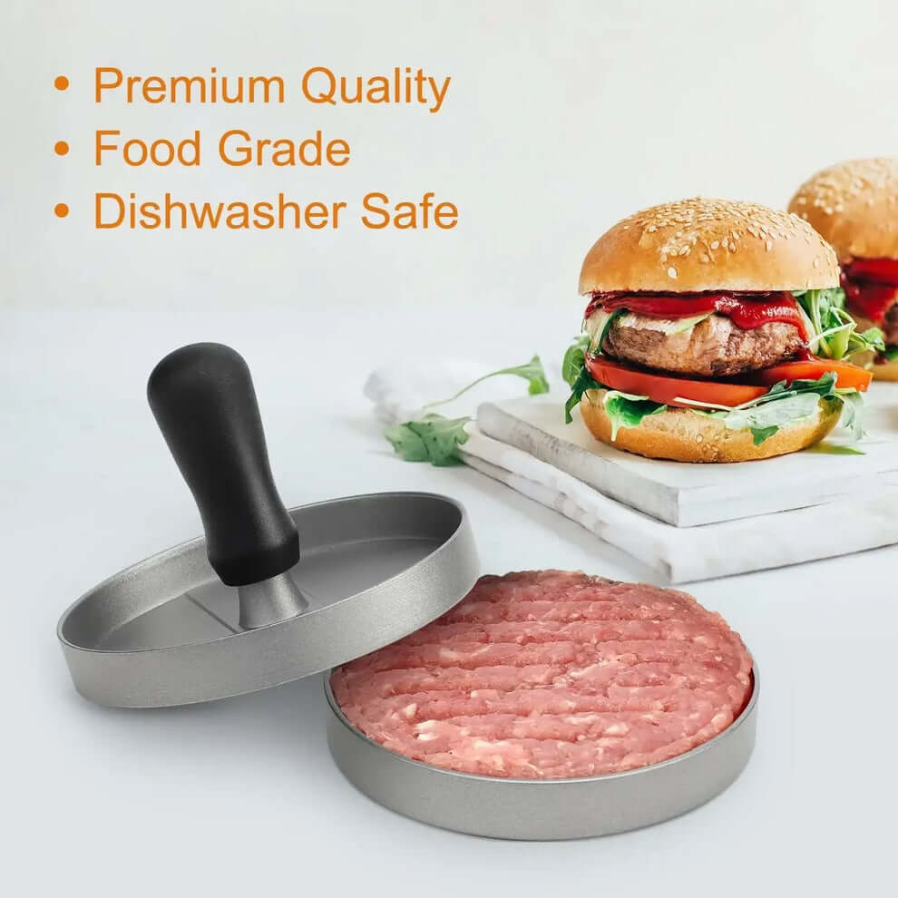 Aluminum hamburger press for creating perfect patties, food grade, dishwasher safe, alongside a delicious burger.