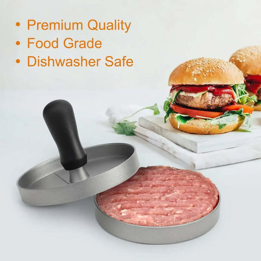 Aluminum hamburger press for creating perfect patties, food grade, dishwasher safe, alongside a delicious burger.