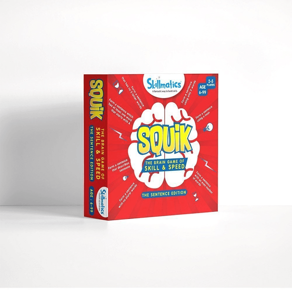 "SQUIK Sentence Edition educational game box with word tiles and goal cards"
