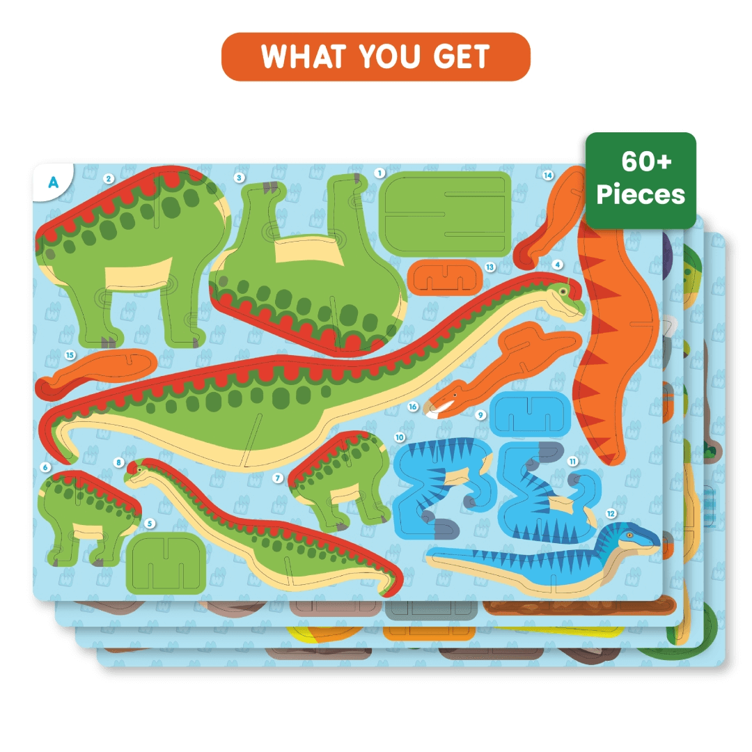 Dinosaur building pieces from Skillmatics STEM toy for kids ages 3-7, eco-friendly materials, 60+ interconnecting parts.