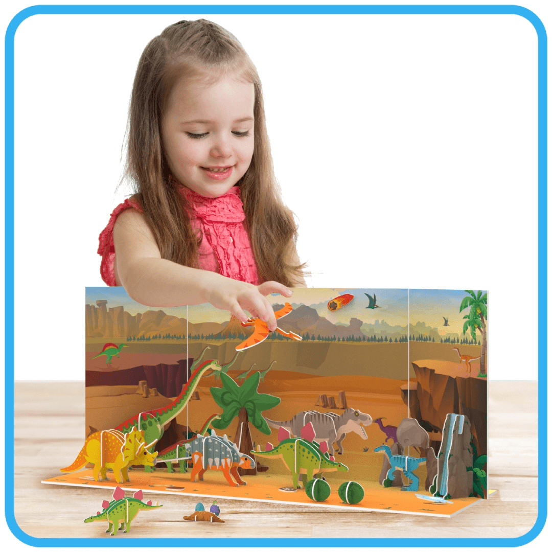 Child playing with Skillmatics STEM Building Toy Land of Dinosaurs, eco-friendly and plastic-free playset for kids ages 3-7.