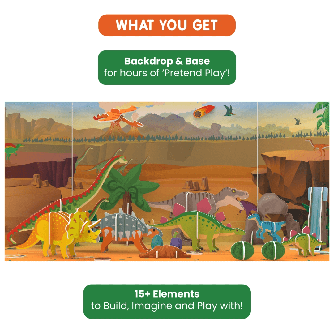 Skillmatics STEM dinosaur playset with backdrop, base, and 15+ elements for kids ages 3-7, educational and eco-friendly.