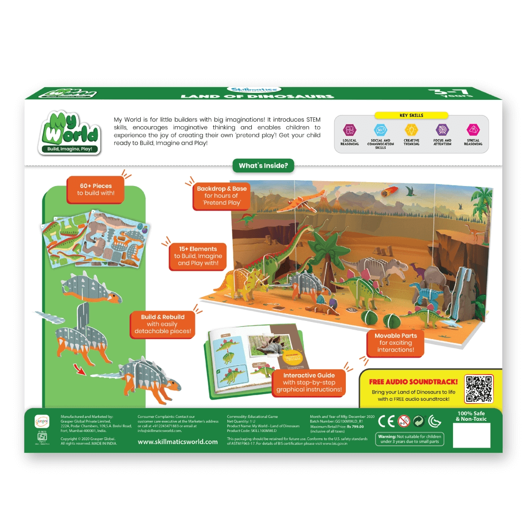 Skillmatics STEM dinosaur playset box showcasing features and eco-friendly, plastic-free materials for kids ages 3-7.