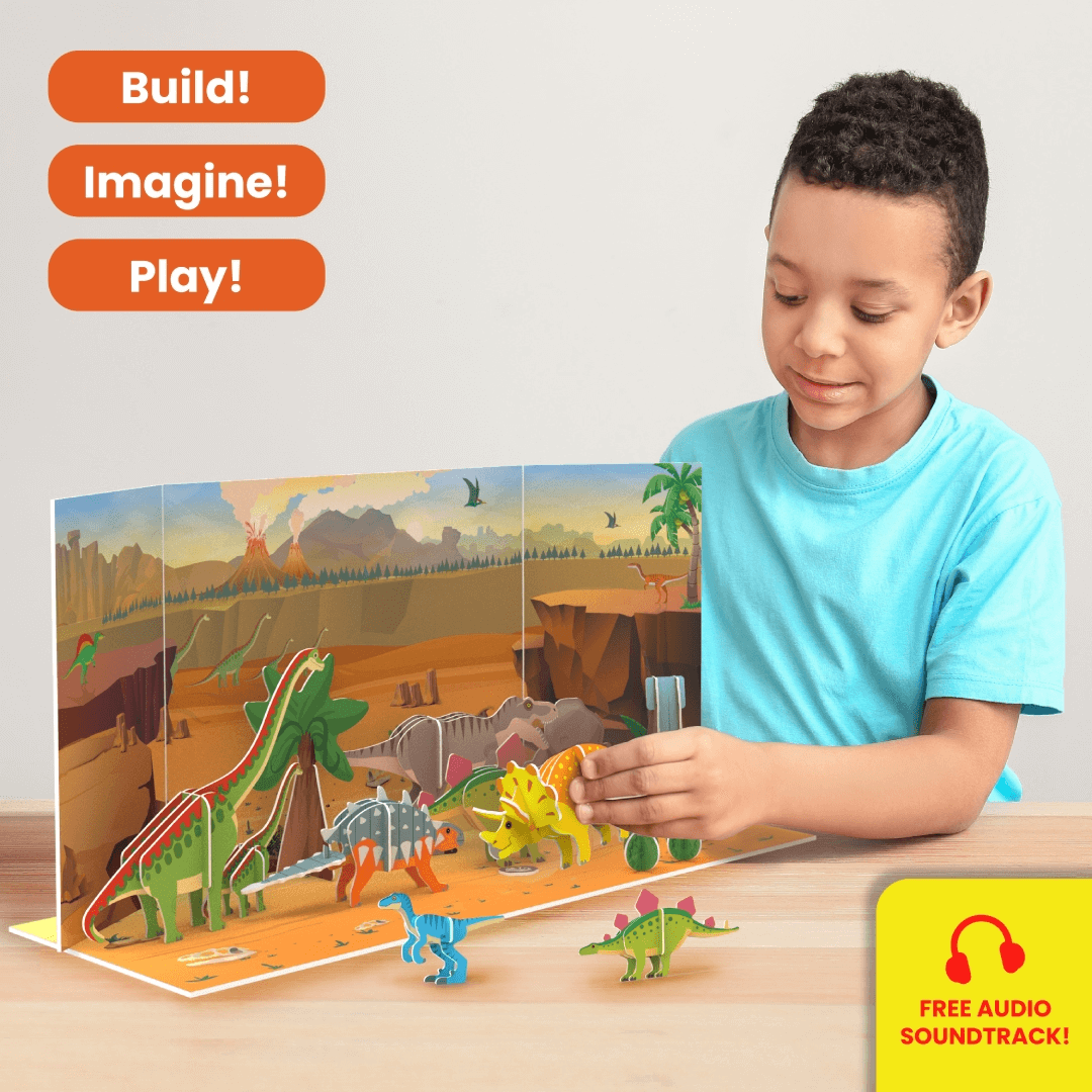 Child playing with Skillmatics STEM Building Toy, My World Land of Dinosaurs, eco-friendly playset for kids ages 3-7.