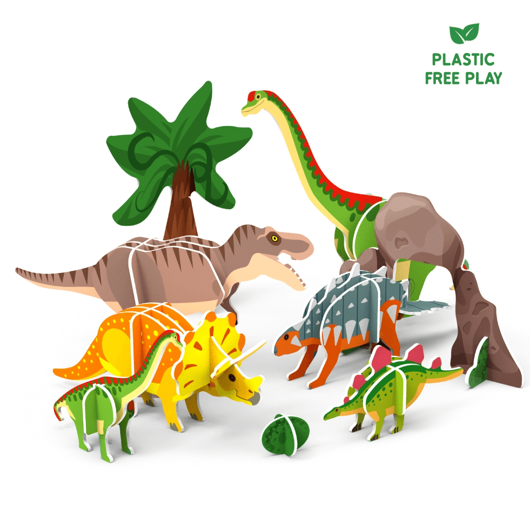 Skillmatics STEM dinosaur playset for kids ages 3-7 made from eco-friendly, plastic-free materials with interconnecting pieces.