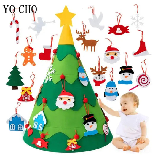 3D felt Christmas tree with colorful ornaments and a smiling baby, perfect for indoor festive decorations.