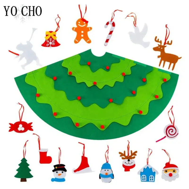 3D felt Christmas tree with colorful decorations including Santa, snowman, reindeer, candy cane, and more for festive DIY crafting.