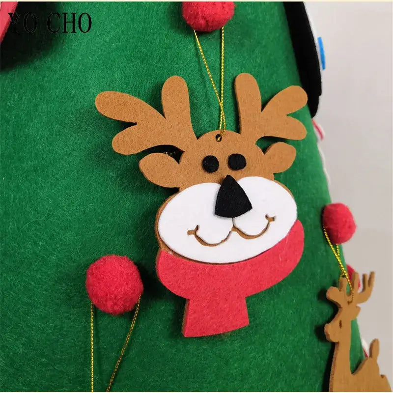 Felt Christmas tree with reindeer ornament and red pom-poms, perfect for decoration