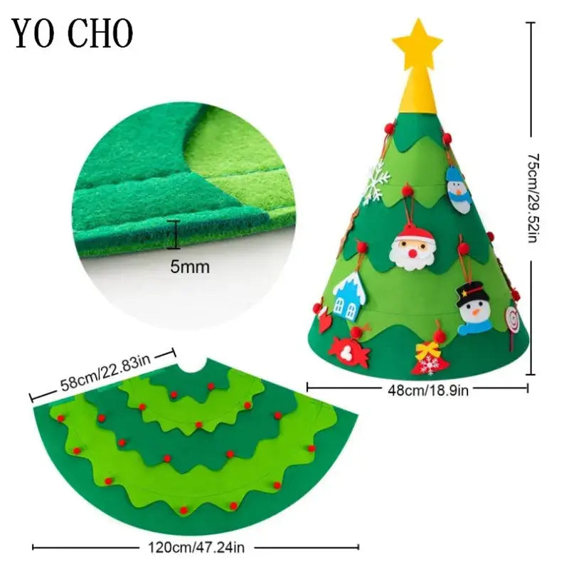 3D felt Christmas tree with Santa Claus and snowman decorations, measuring 48cm by 75cm, ideal for indoor and outdoor festive decor.
