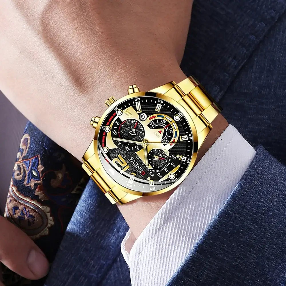 Fashionable men's luxury quartz wristwatch in gold, featuring a black dial and luminous elements, perfect for business or casual wear.