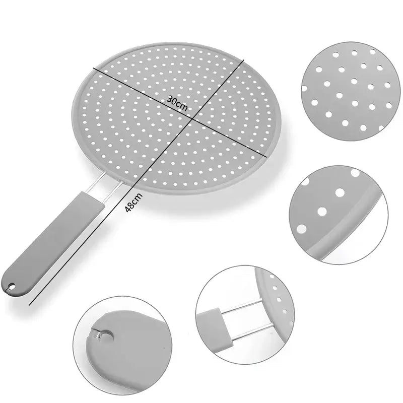 Silicone kitchen splatter screen with handle, heat-resistant oil splash guard, stainless steel, BPA-free, dimensions 30cm x 48cm.