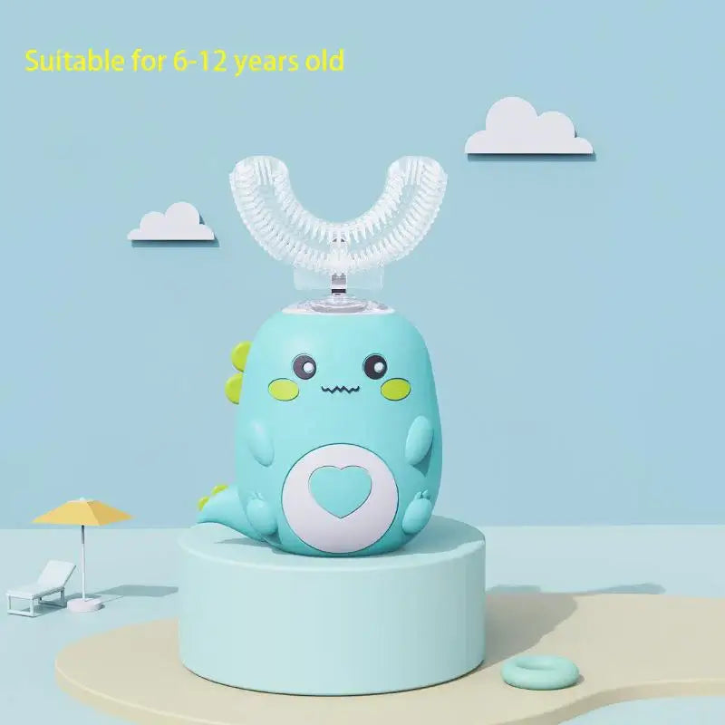Kids U-shaped Sonic Electric Toothbrush in cute dinosaur design, suitable for ages 6-12, enhancing fun brushing experience.