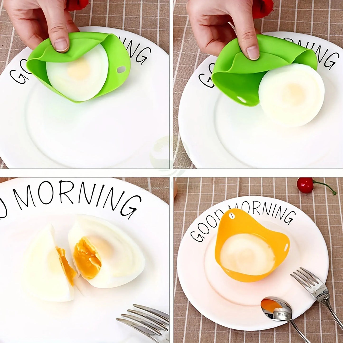 Silicone egg poacher cups showing poached eggs in green and yellow molds on plates.