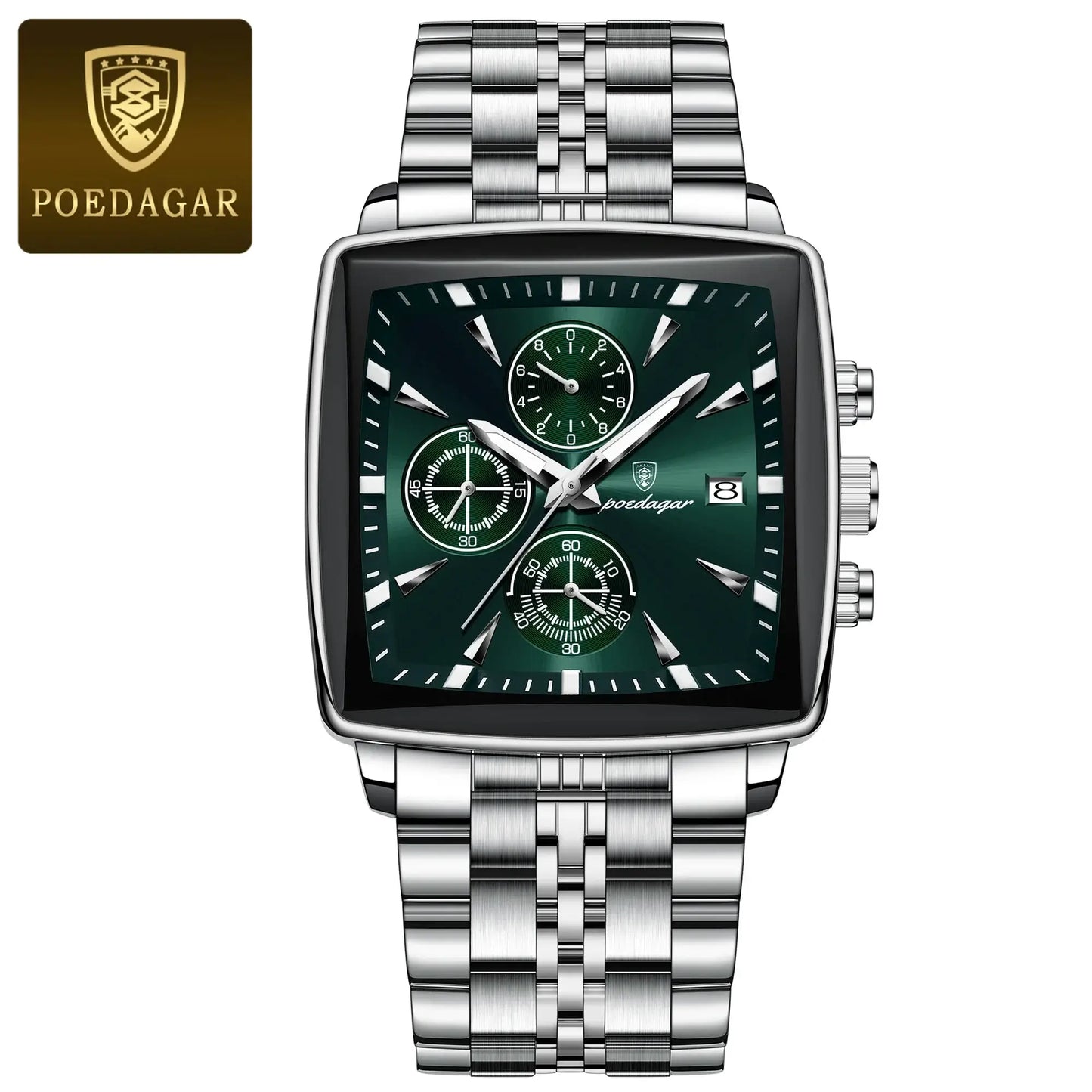 POEDAGAR luxury square sport men's wristwatch with green dial, stainless steel band, waterproof chronograph feature.