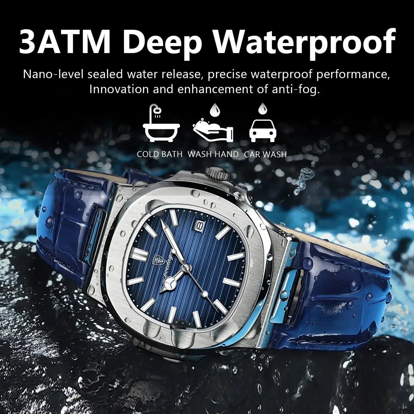 3ATM waterproof men's wristwatch featuring a blue strap, precise performance, and anti-fog innovation.