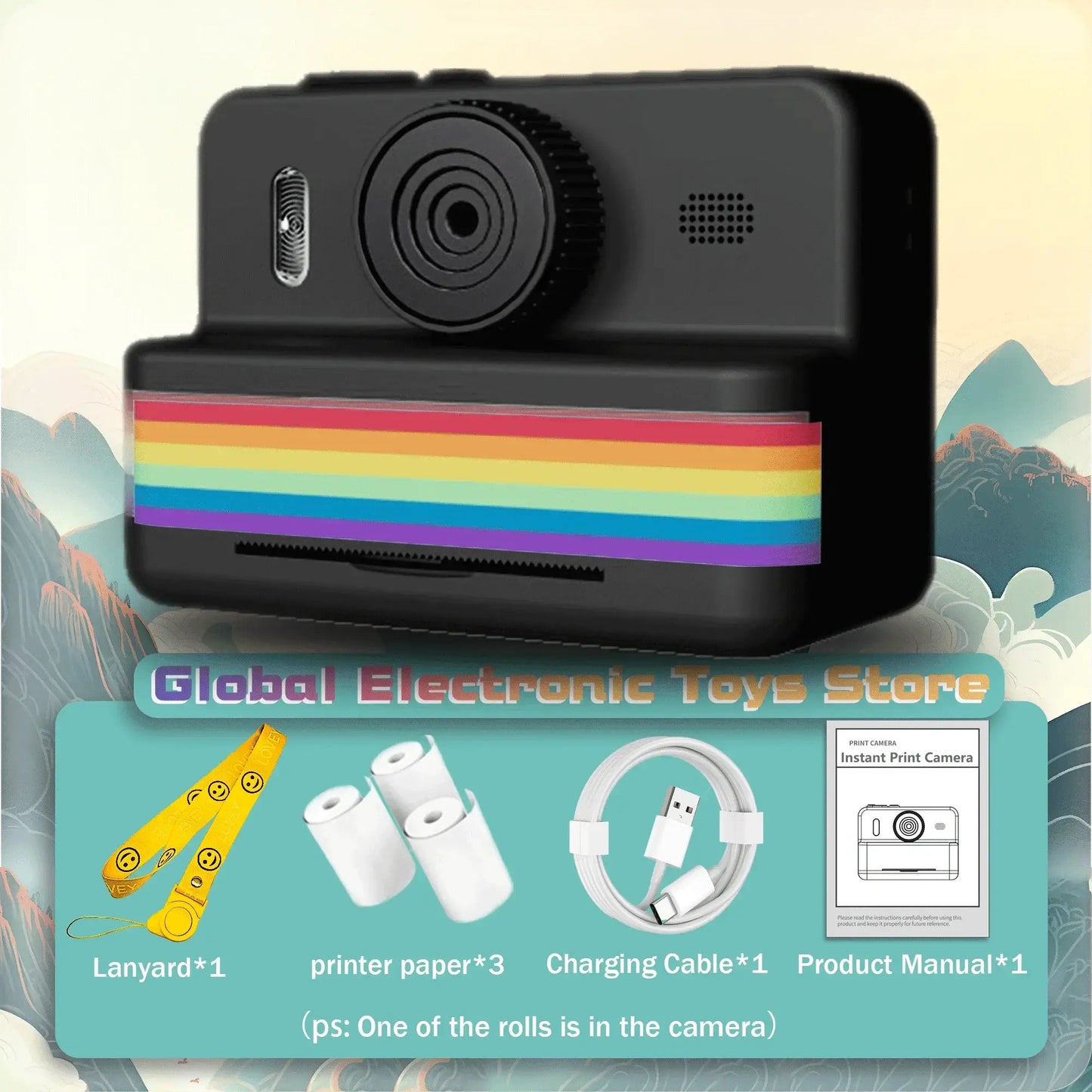 2.8-inch instant print camera for kids with lanyard, printer paper, charging cable, and product manual included.