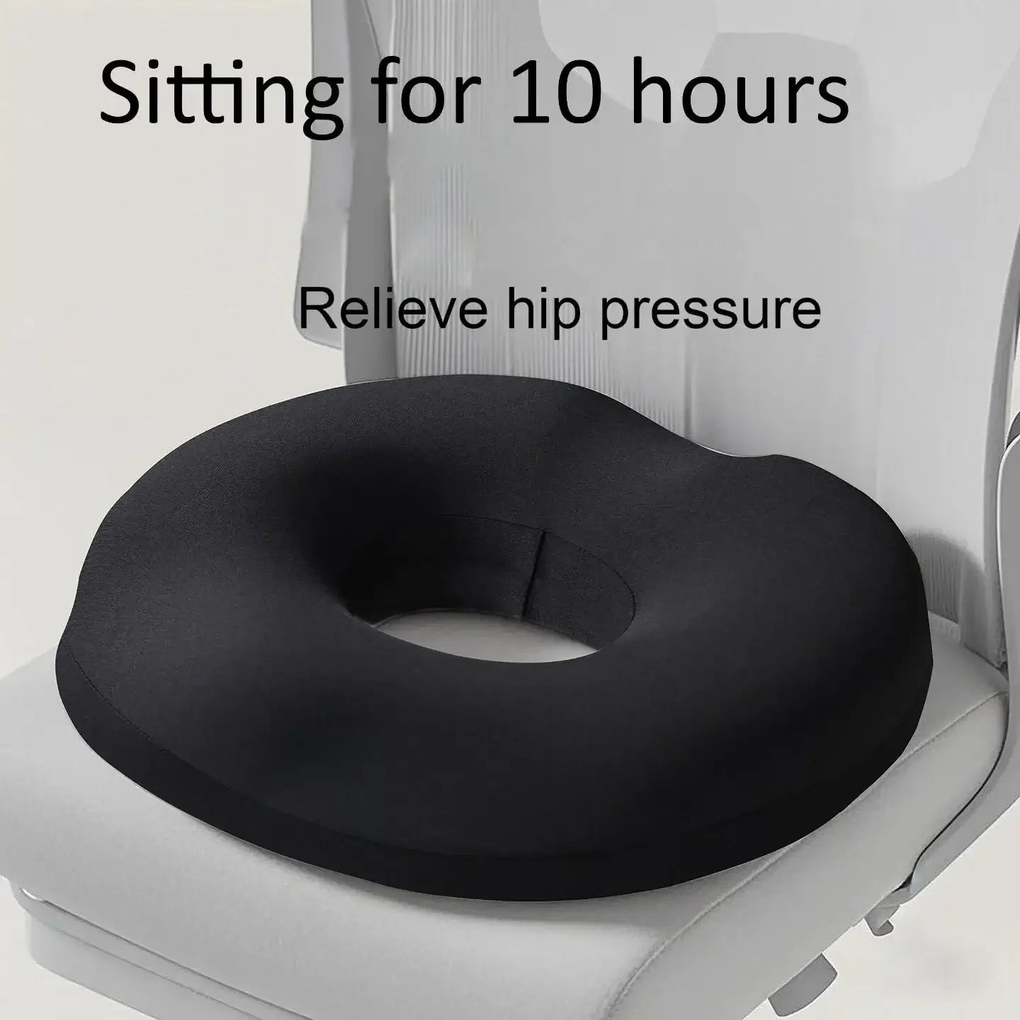 Ergonomic memory foam seat cushion designed to relieve hip pressure for long sitting hours in car or office.