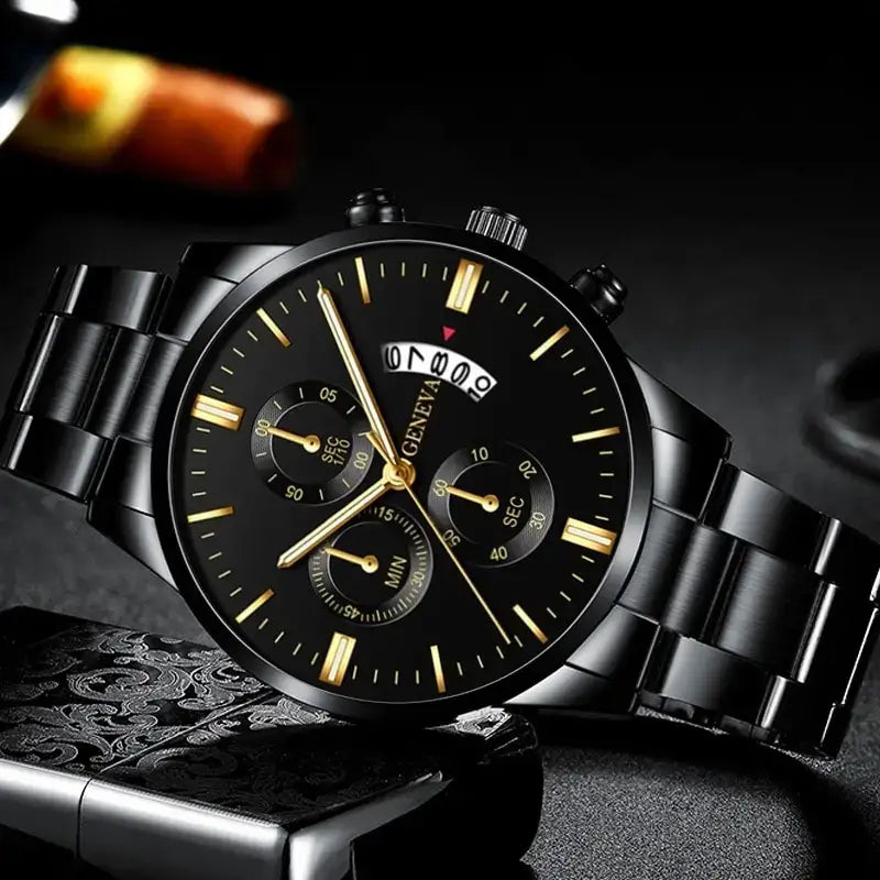 Black stainless steel men's watch with chronograph features and complete calendar on black background.