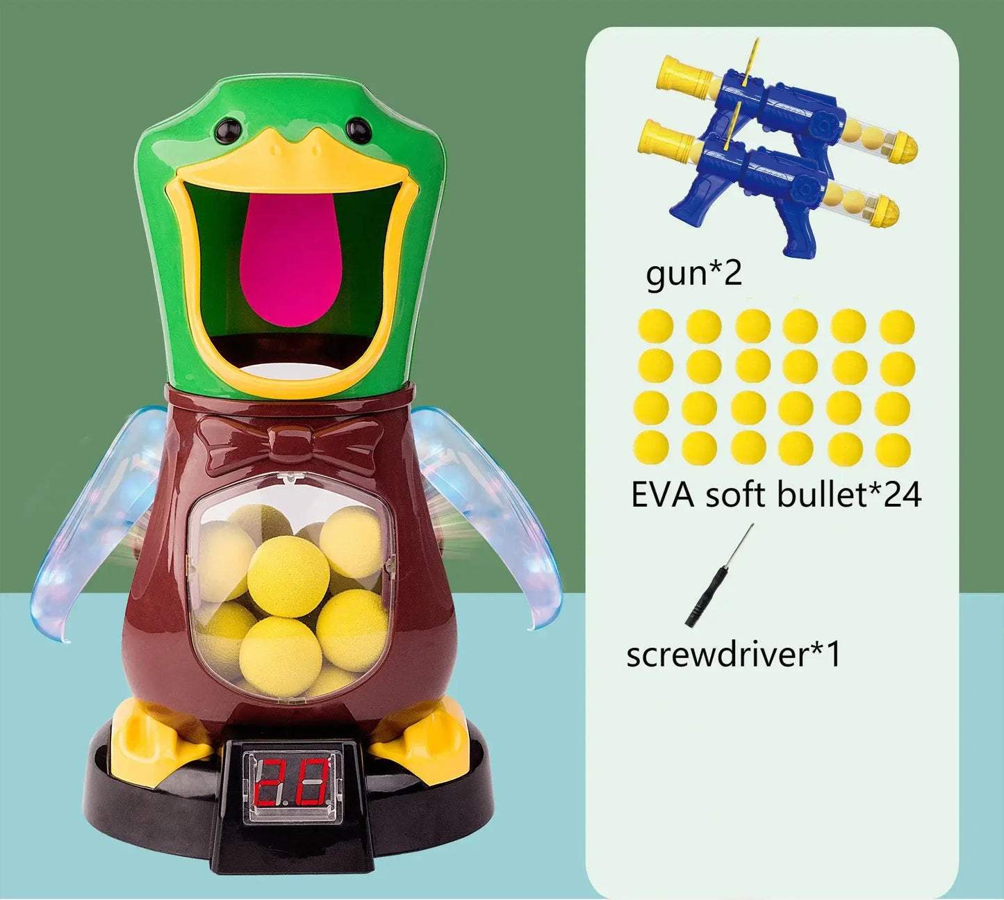 Hungry shooting duck toy with two guns, 24 EVA soft bullets, and a scoreboard for fun family games.
