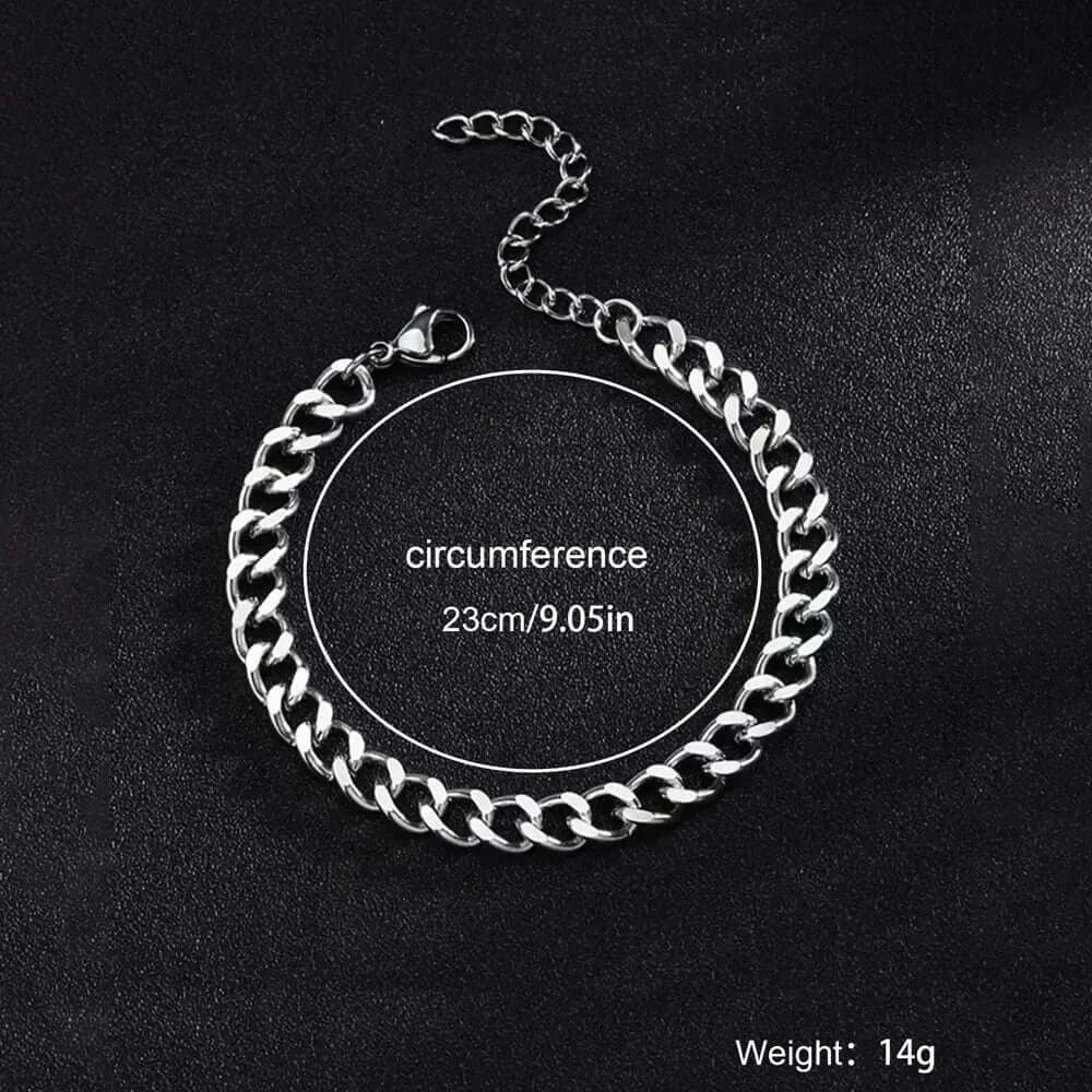 Silver stainless steel chain bracelet with adjustable length, 23cm circumference, 14g weight, stylish and modern design.