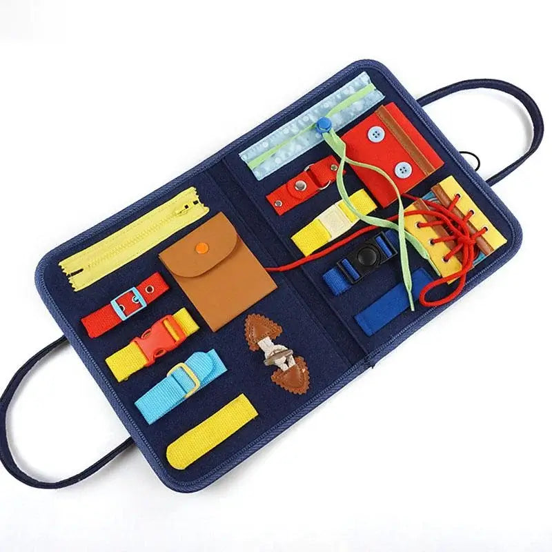 Montessori educational toy set for kids to enhance fine motor skills and self-care abilities with buckles, zippers, and laces.
