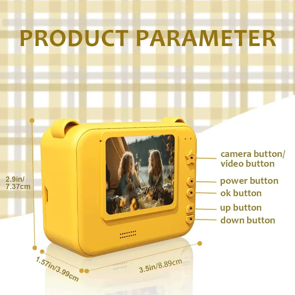 Yellow children’s camera with video buttons and display showcasing product parameters and dimensions.