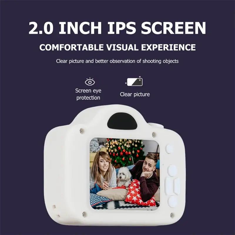 Kids camera showcasing a 2.0 inch IPS screen for clear visuals and improved shooting experience.
