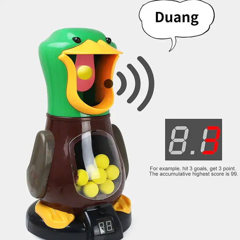 Colorful electronic duck toy with LCD scoreboard for fun shooting game, showcasing interactive family playtime.