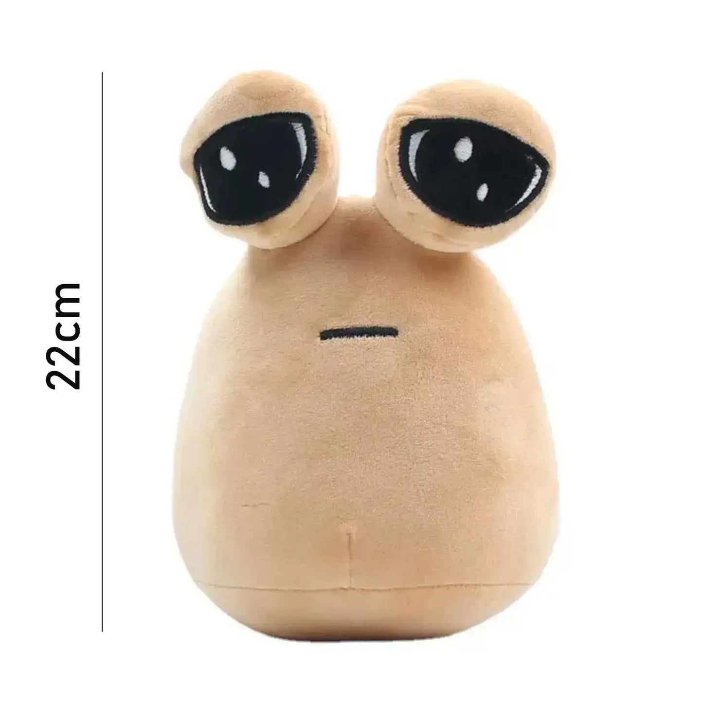 Plush alien snail toy with large eyes, measuring 22 cm, made of soft tan material, perfect for kids' cuddles and play.