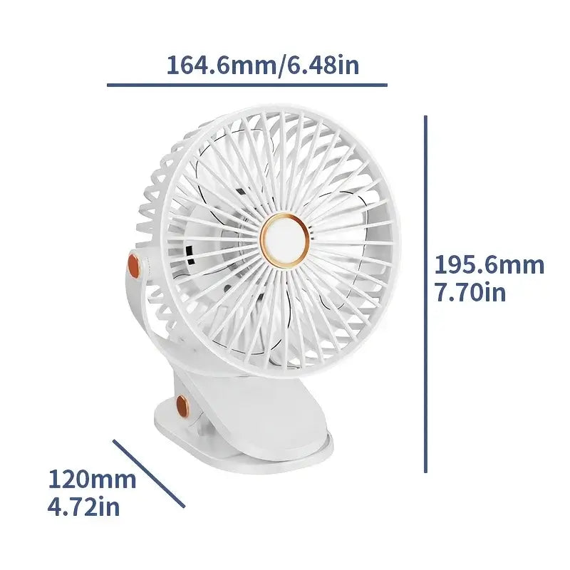 360° rotatable portable clip-on fan with 5-speed settings, USB powered, and LED light features.