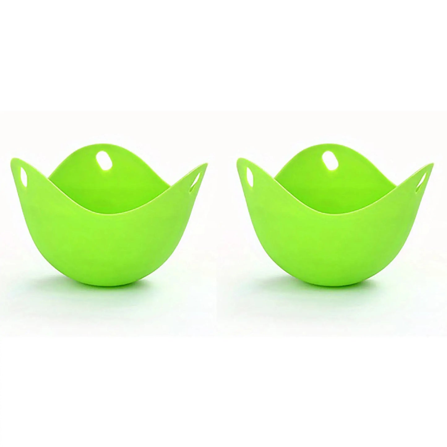 Green silicone egg poacher cups for stovetop, microwave, or air fryer cooking, perfect for boiling eggs easily and efficiently.
