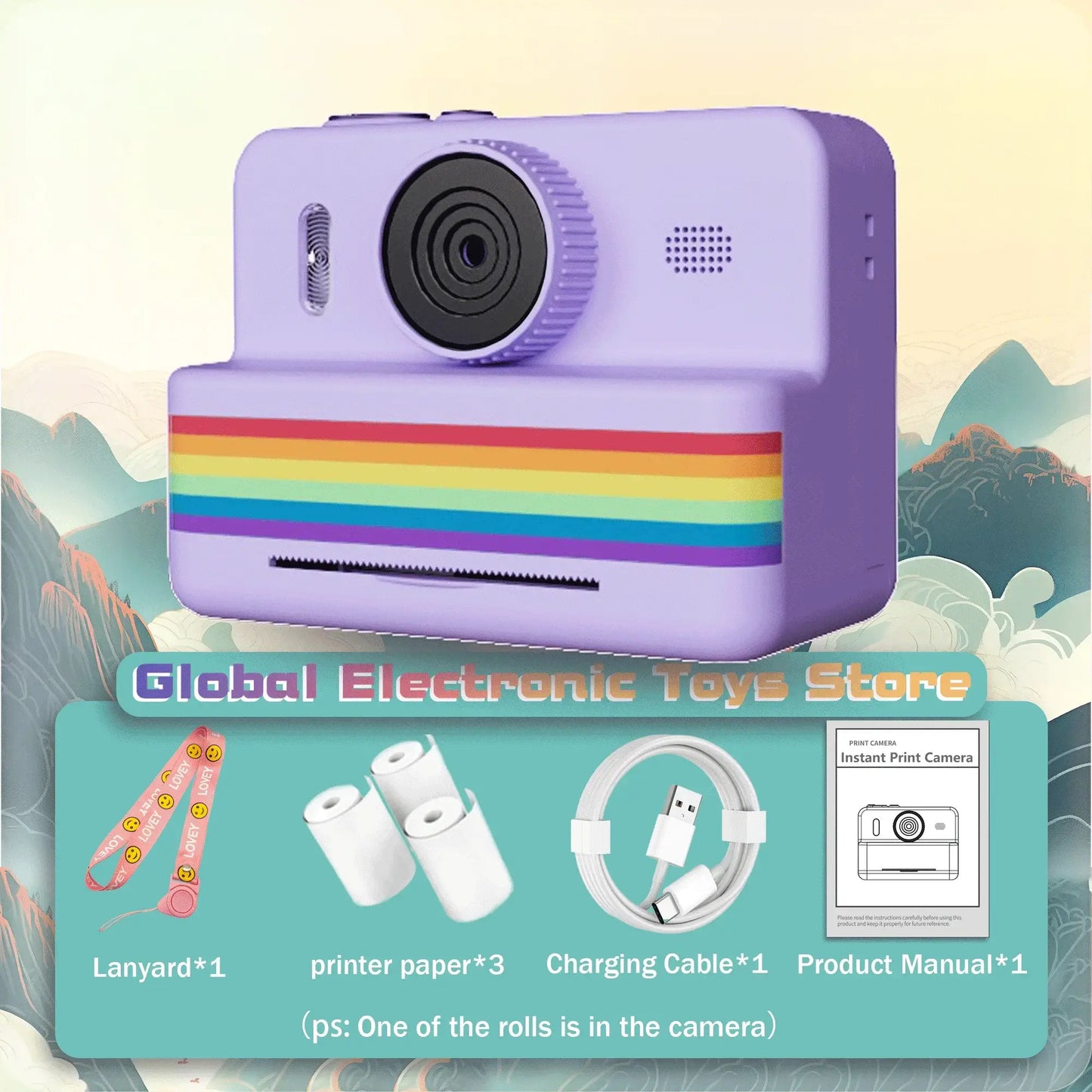 2.8 inch instant print camera for kids in purple with rainbow design, includes accessories like lanyard, printer paper, and charger.