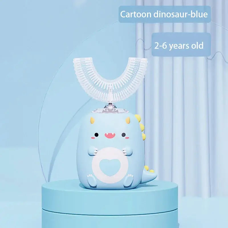 Cute blue dinosaur U-shaped electric toothbrush for kids aged 2-6, featuring soft silicone bristles.