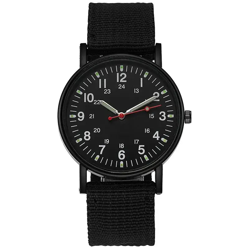 2023 luxury men’s quartz watch with luminous hands, big black dial, and nylon strap, waterproof design for stylish male wear.