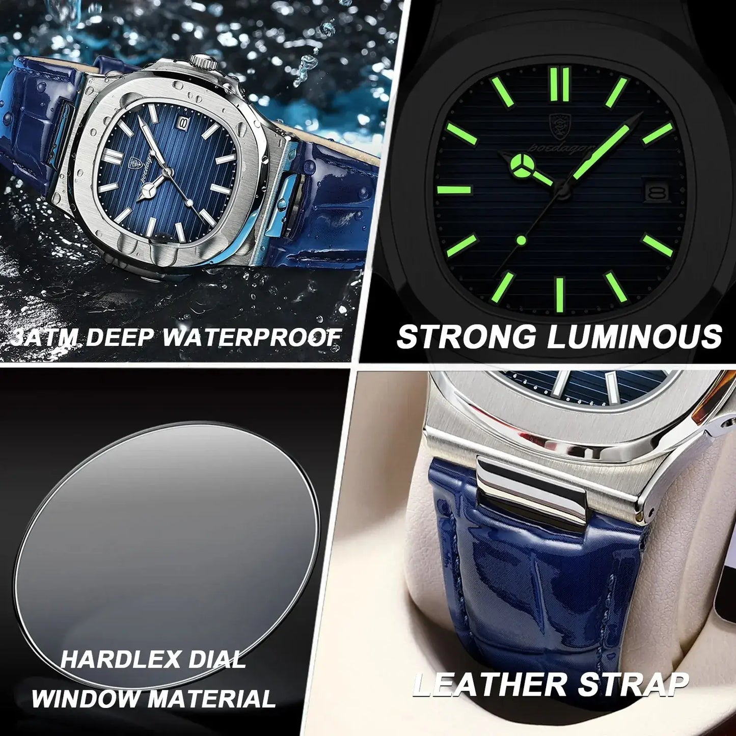POEDAGAR luxury square men's watch with waterproof features, strong luminous indicators, hardlex dial, and leather strap.