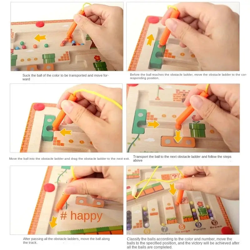 Hands using a wooden magnetic maze toy, demonstrating color and number matching for Montessori learning and educational fun.