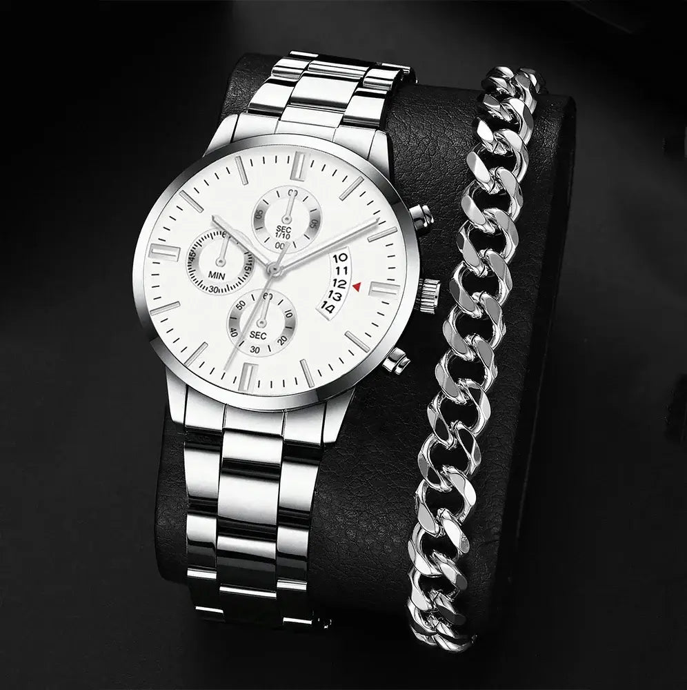 Fashionable stainless steel men's wristwatch with chronograph and luxury bracelet on display.