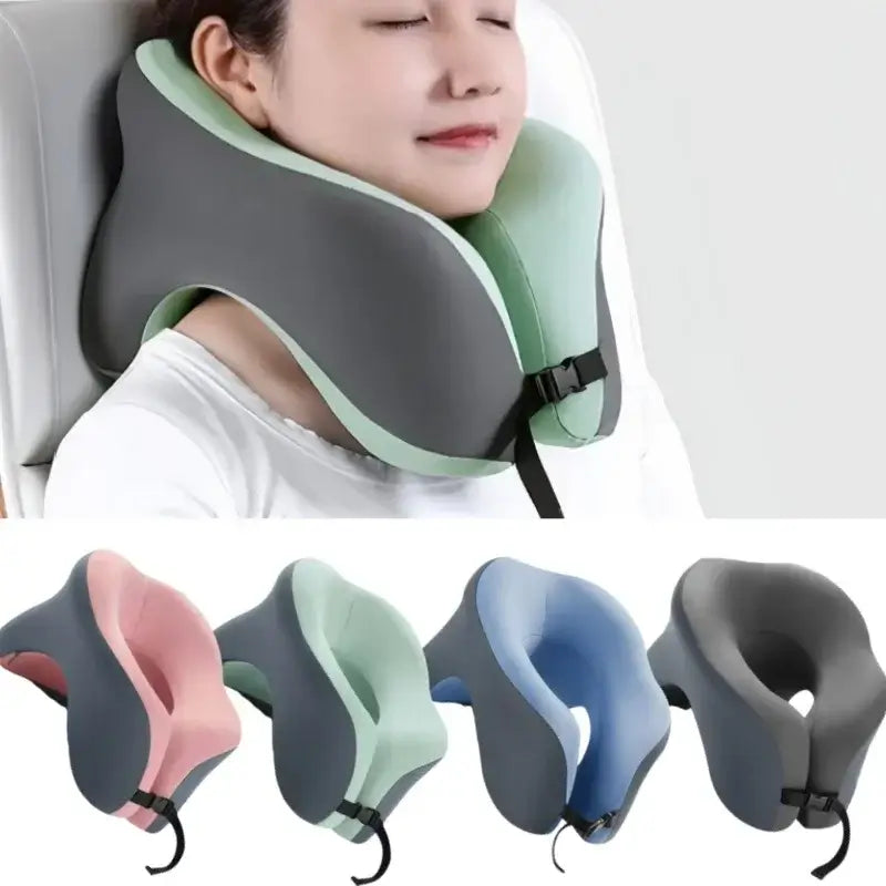 Ergonomic memory foam travel neck pillow in four colors, designed for comfort during office naps or on-the-go travel.
