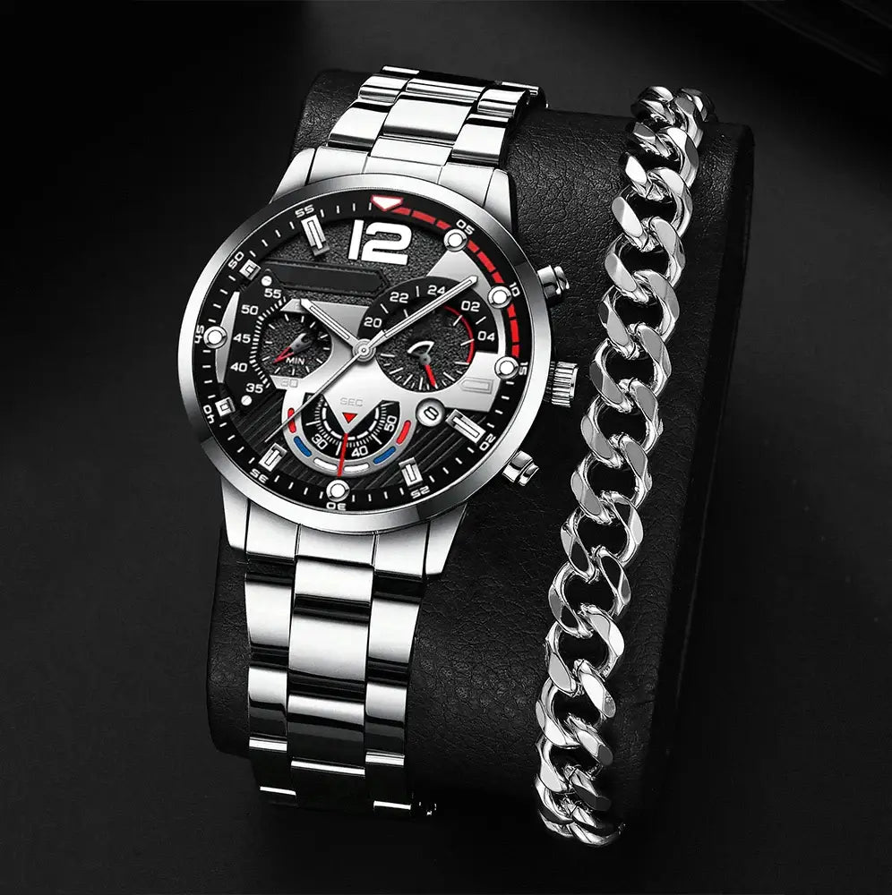 Luxury stainless steel men's watch with black dial and chronograph features, paired with a stylish silver chain bracelet.