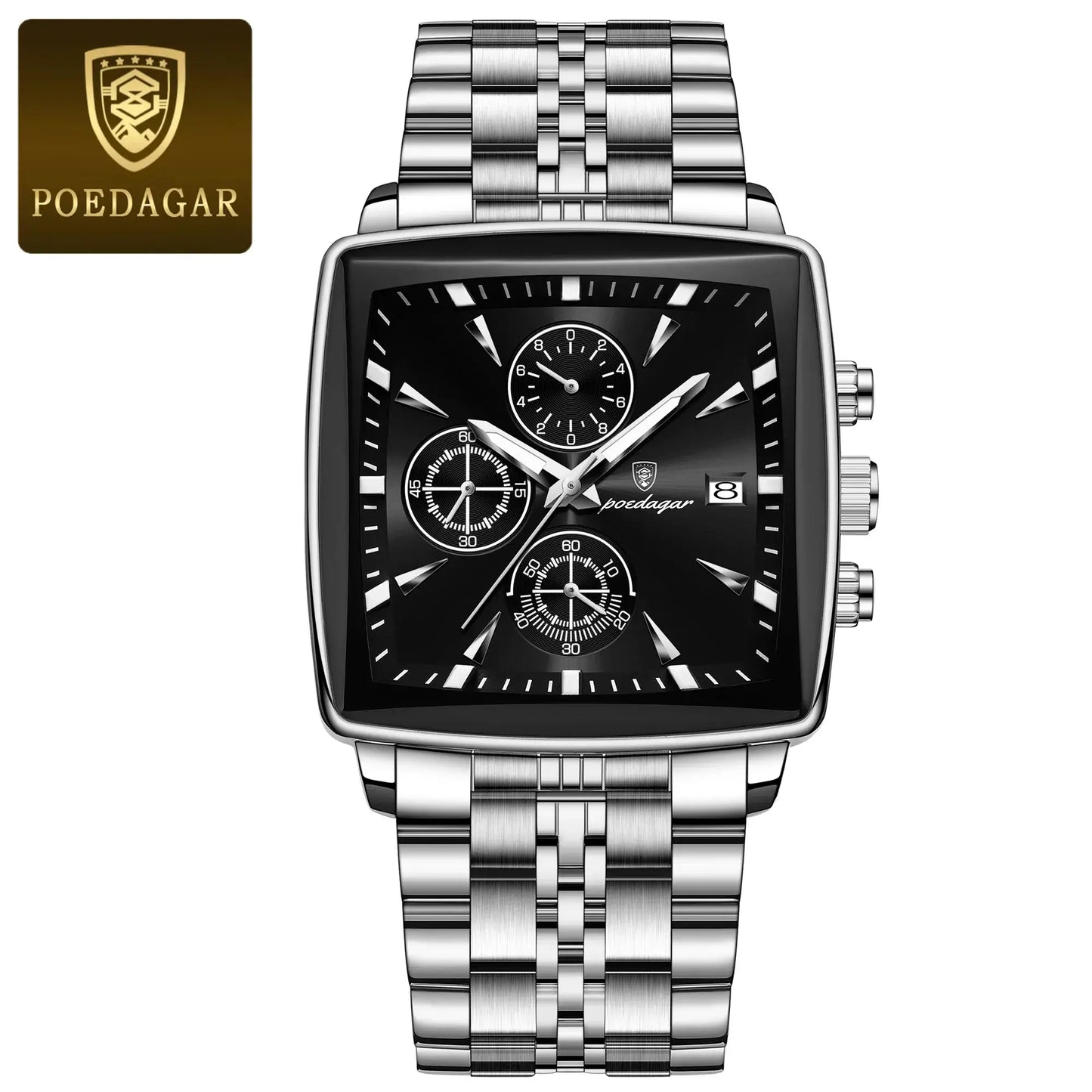 POEDAGAR luxury square chronograph men's wristwatch with stainless steel band and luminous features, waterproof design.