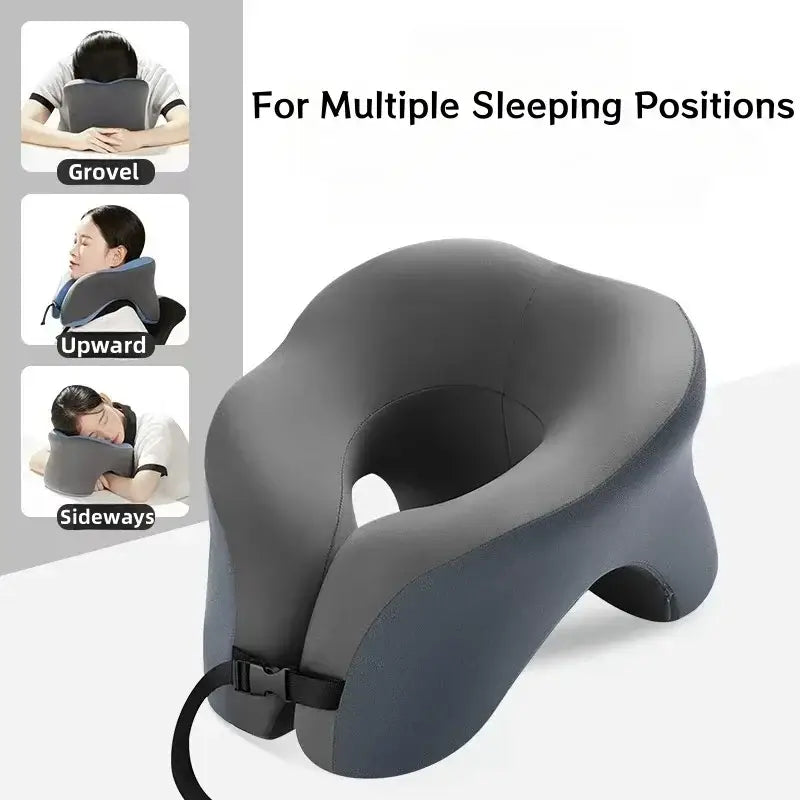 Portable U-shaped travel pillow for multiple sleeping positions, offering ergonomic support and comfort.
