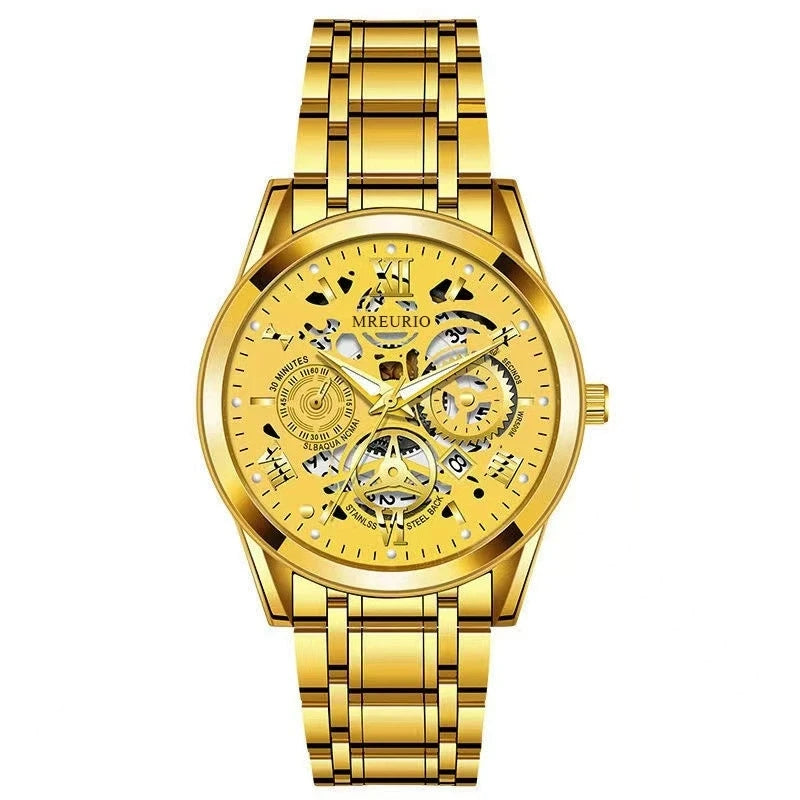 High end quartz watches for men featuring a stylish gold design with an intricate skeleton dial and metal bracelet.