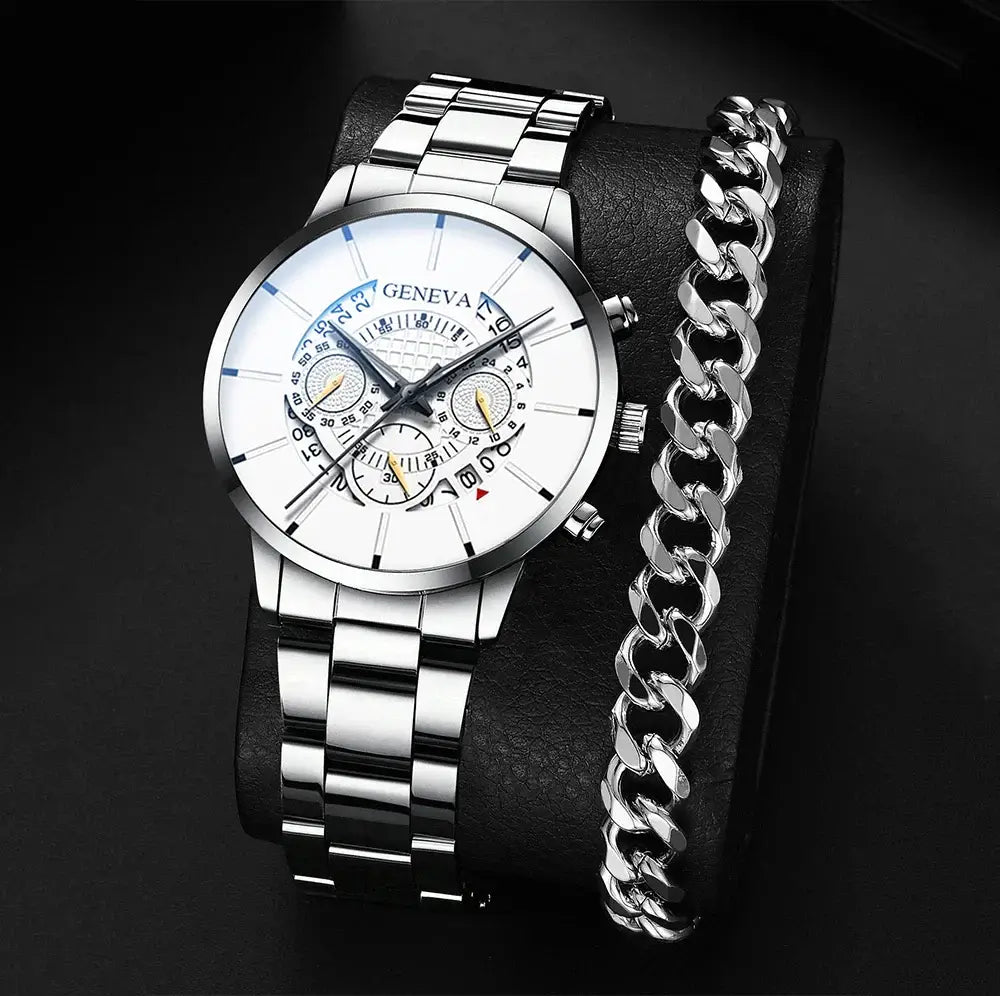 Stainless steel luxury men's watch with calendar feature, paired with a silver chain bracelet on a dark background.