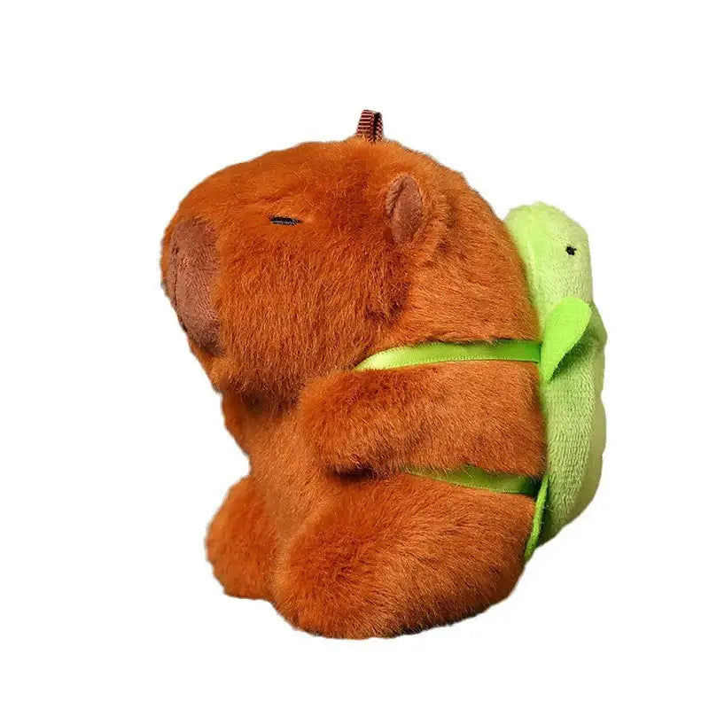 Cute brown capibara plush keychain with turtle backpack, soft and adorable doll accessory.
