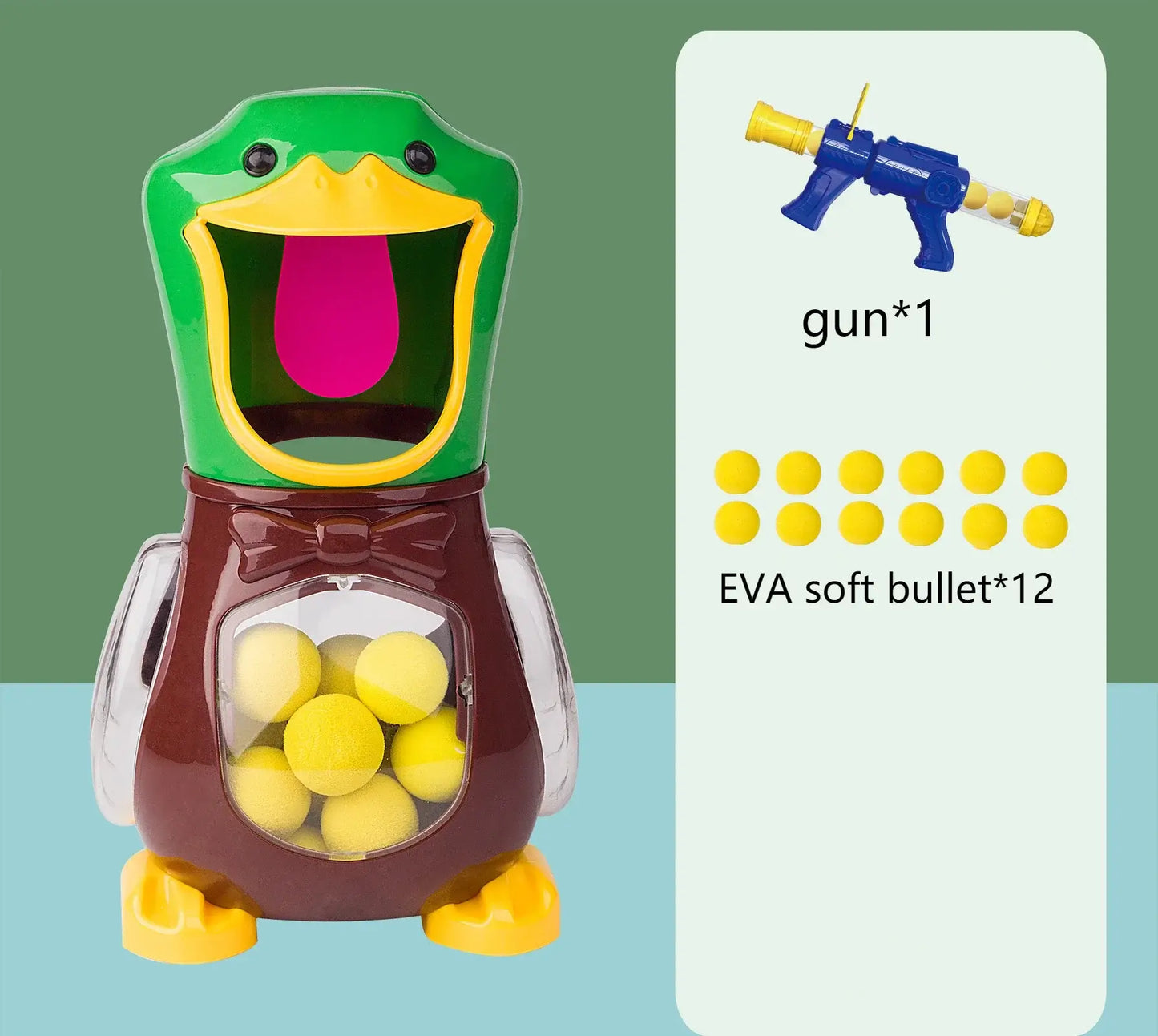Hungry duck shooting toy with gun and 12 EVA foam balls for family fun and interactive playtime.