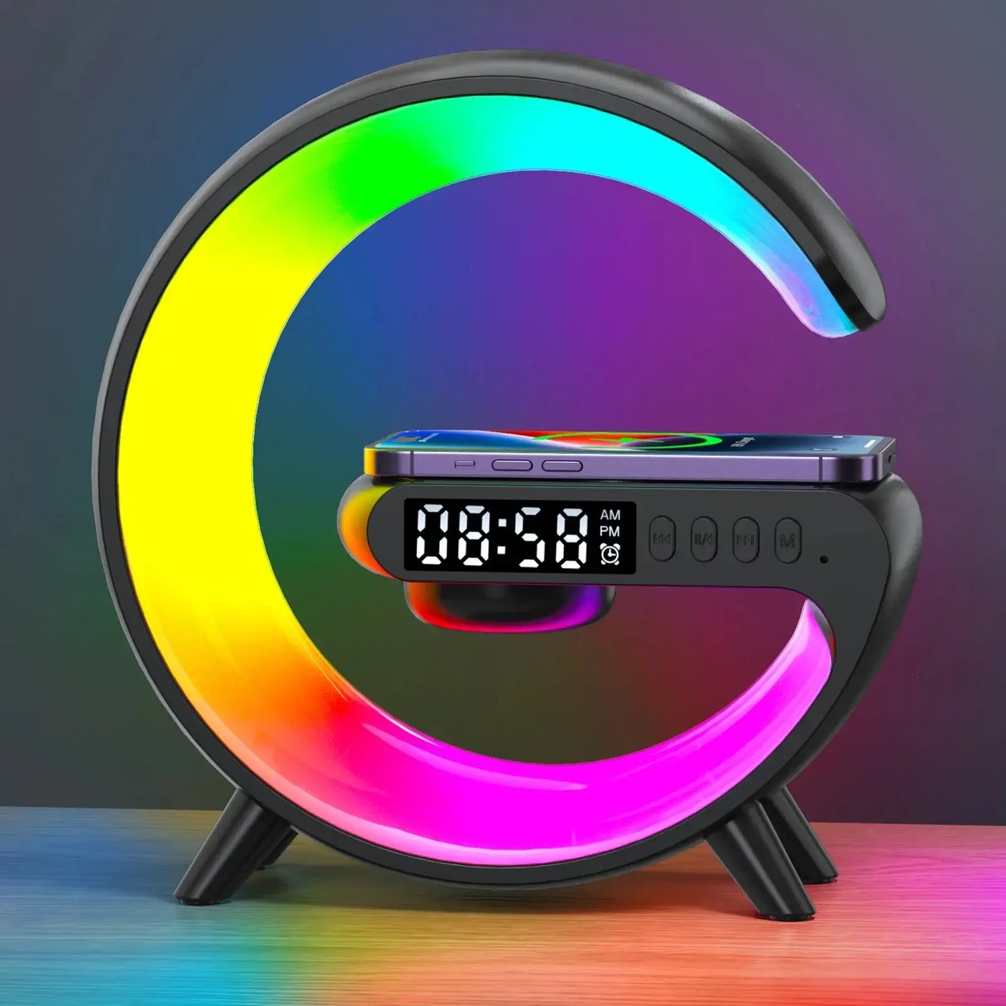 15W Wireless Charger Station Multifunction RGB Desk Lamp Alarm Clock Speaker.