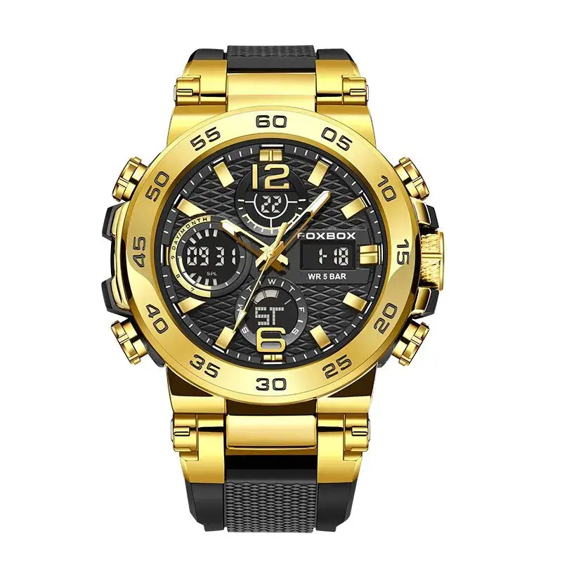 FOXBOX men's fashion diver watch in gold, featuring luminous hands and water resistance up to 5Bar.