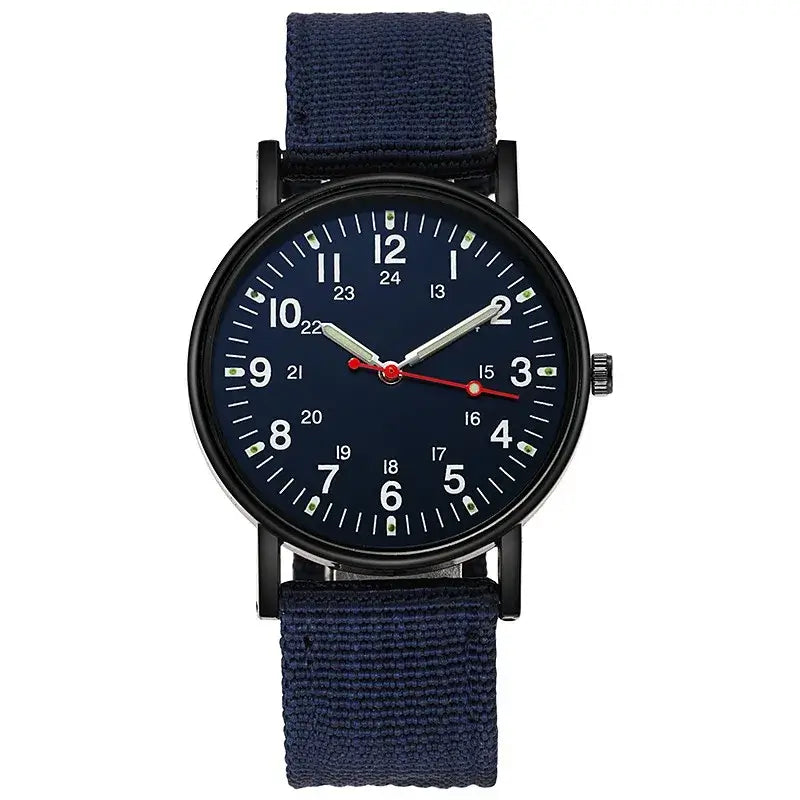 Men's navy quartz watch with luminous hands and large dial, featuring a durable fabric strap and waterproof design.