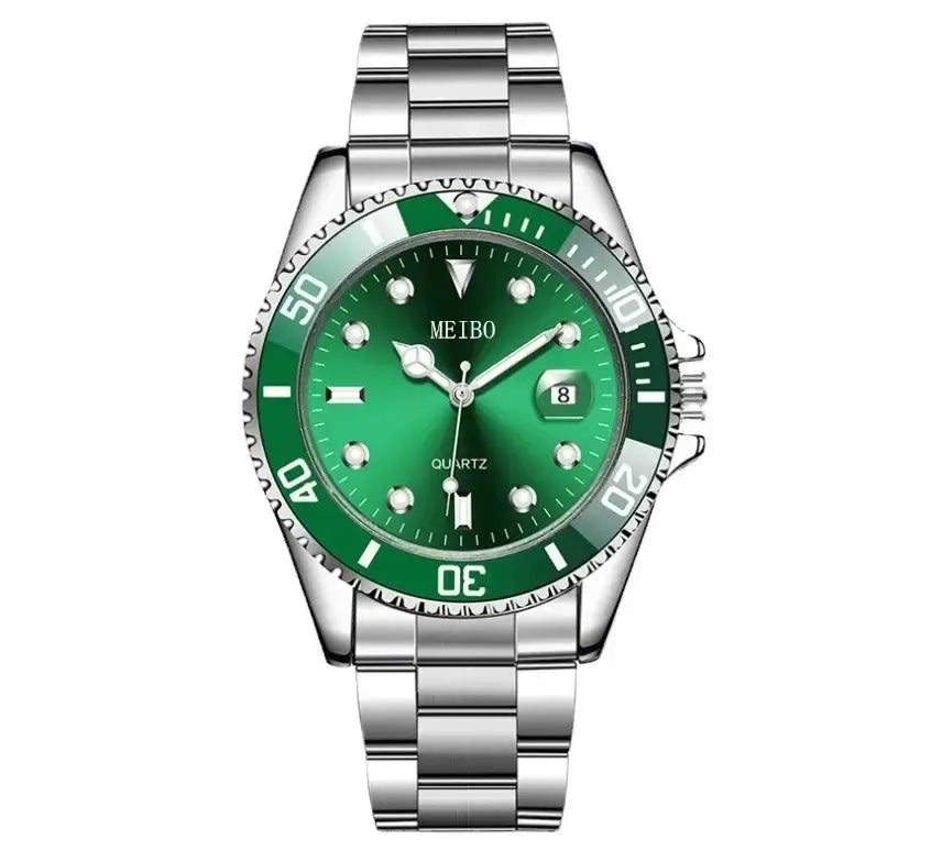 Luxury men's stainless steel quartz wrist watch with green dial and metallic strap, perfect for business and casual wear.